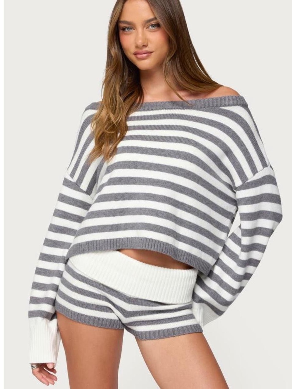 Edikted white and gray horizontal striped sweater